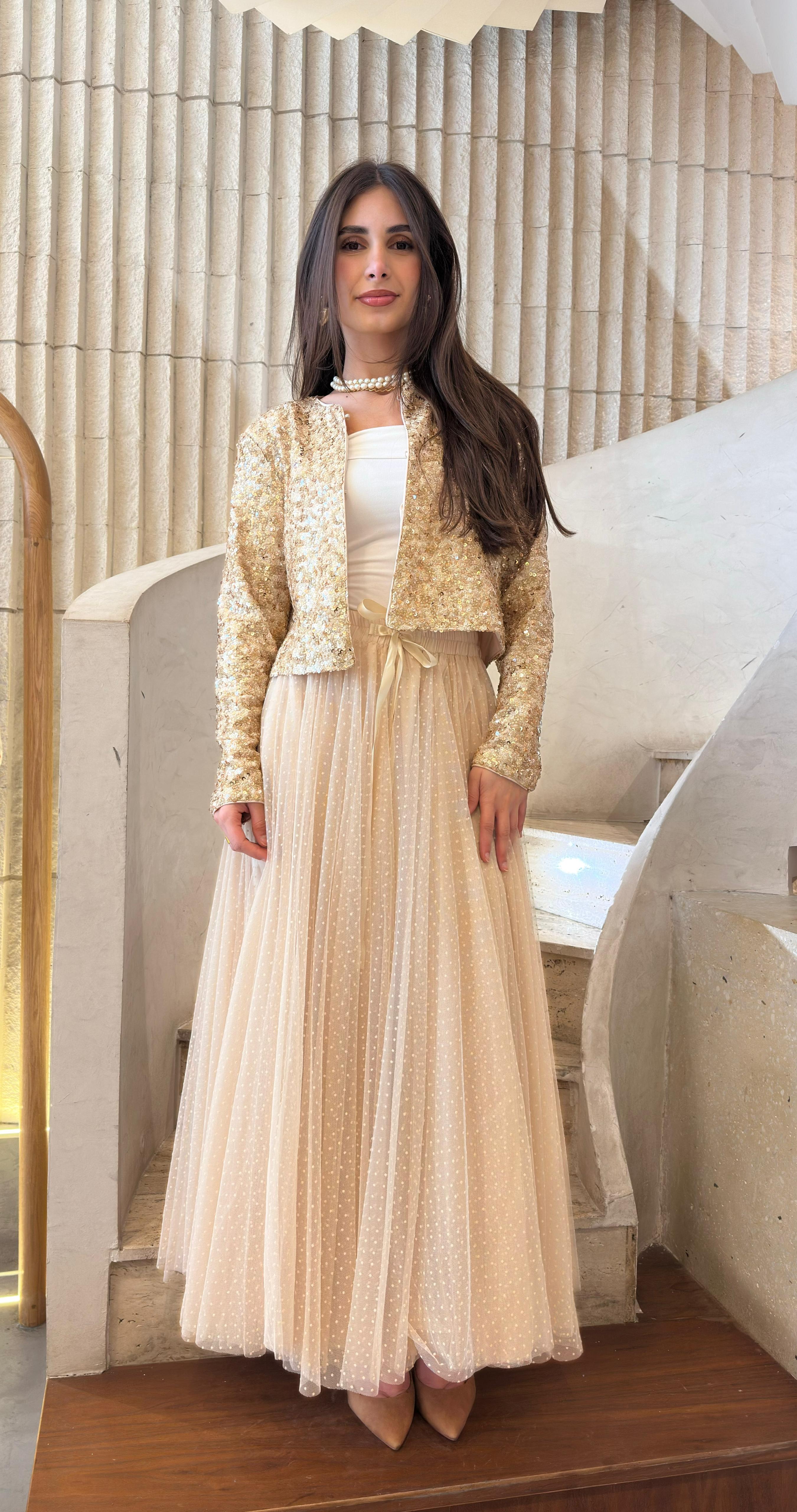08077-3 White Dot Long Tulle Skirt تنورة تول طويلة