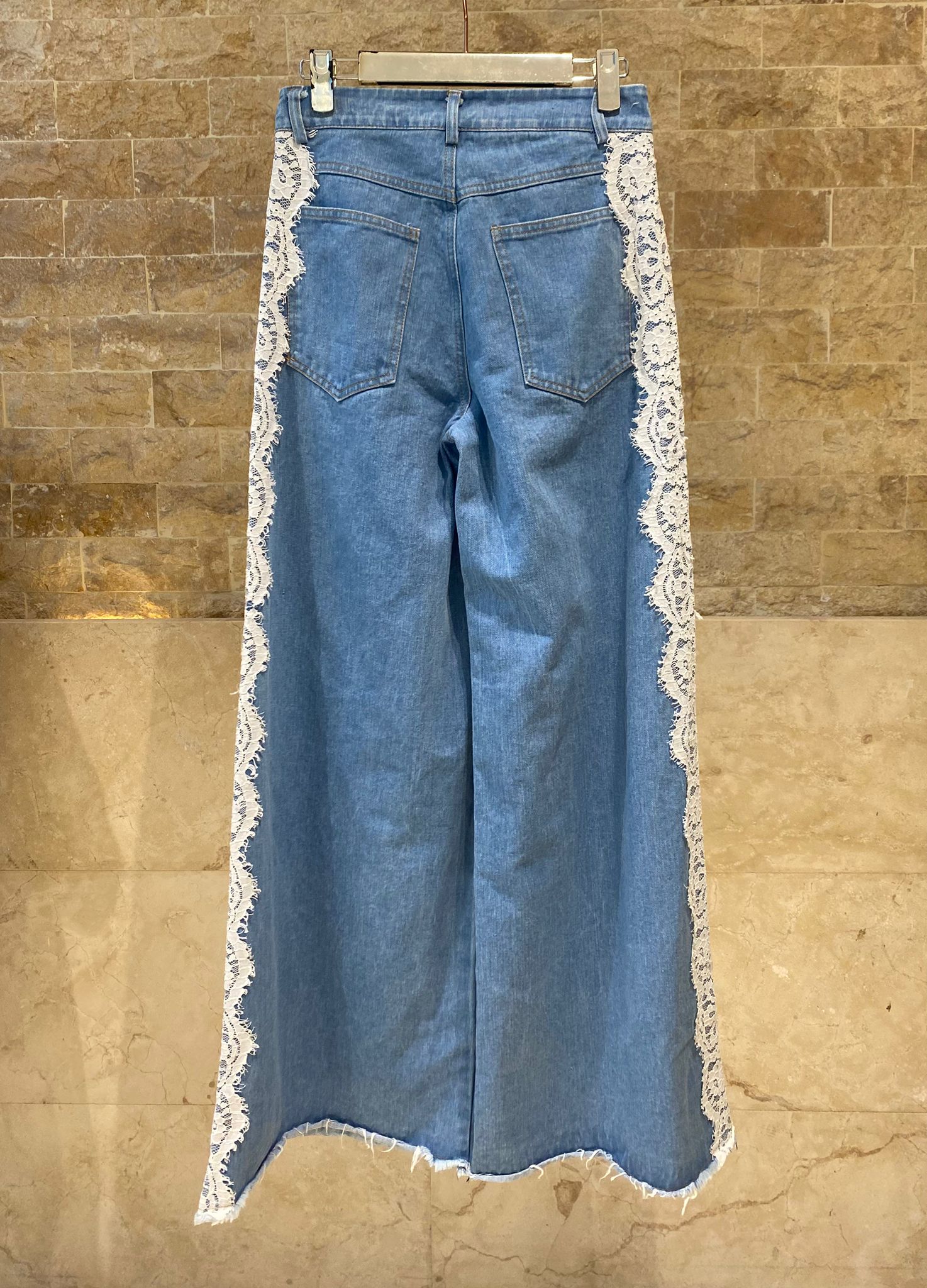 BCG0280-10 Denim Pants with Floral Lace - Brown Loft