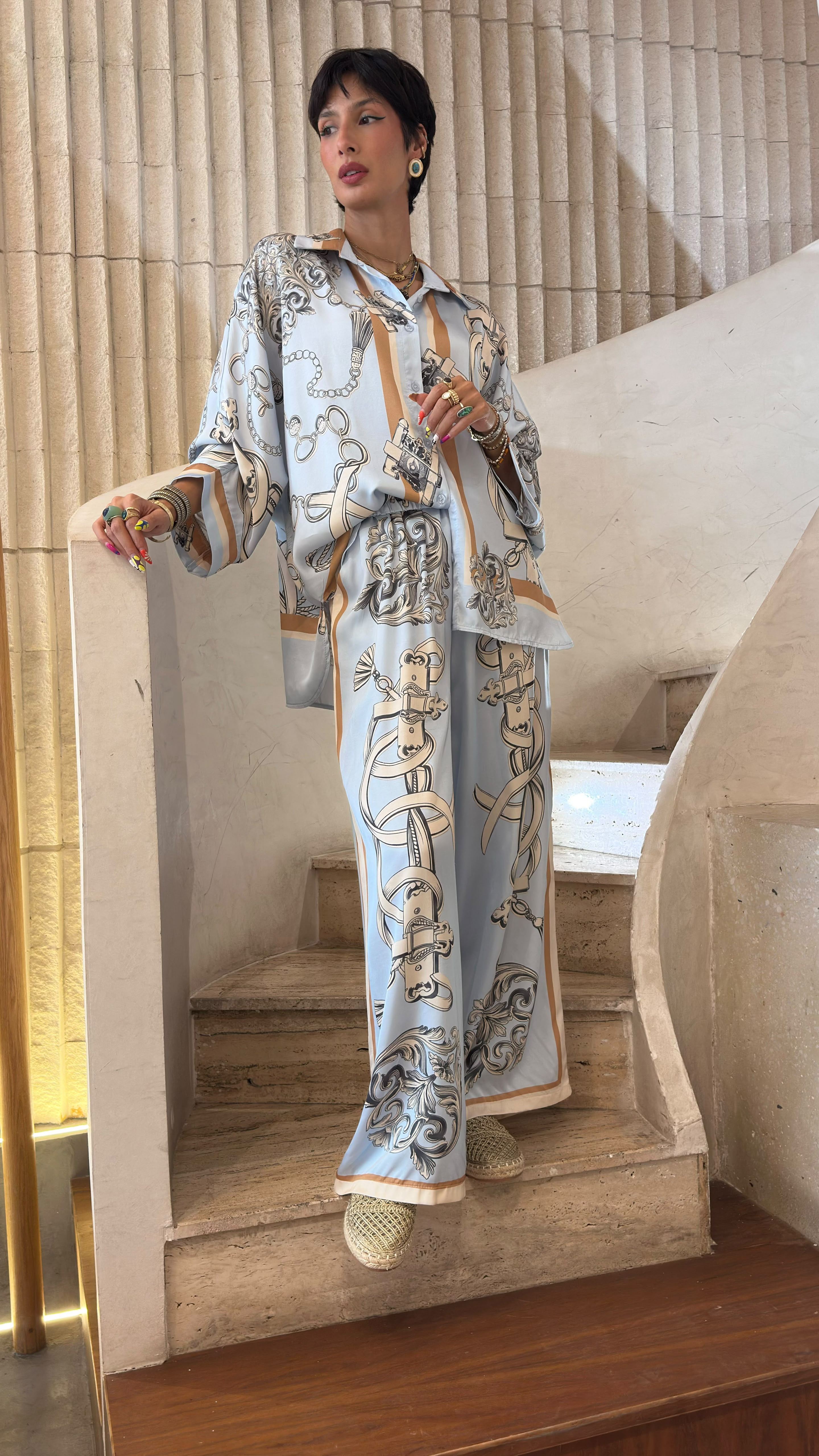 Baroque and Chain Detailed Satin Shirt and Pants KD88015/9099VS-10