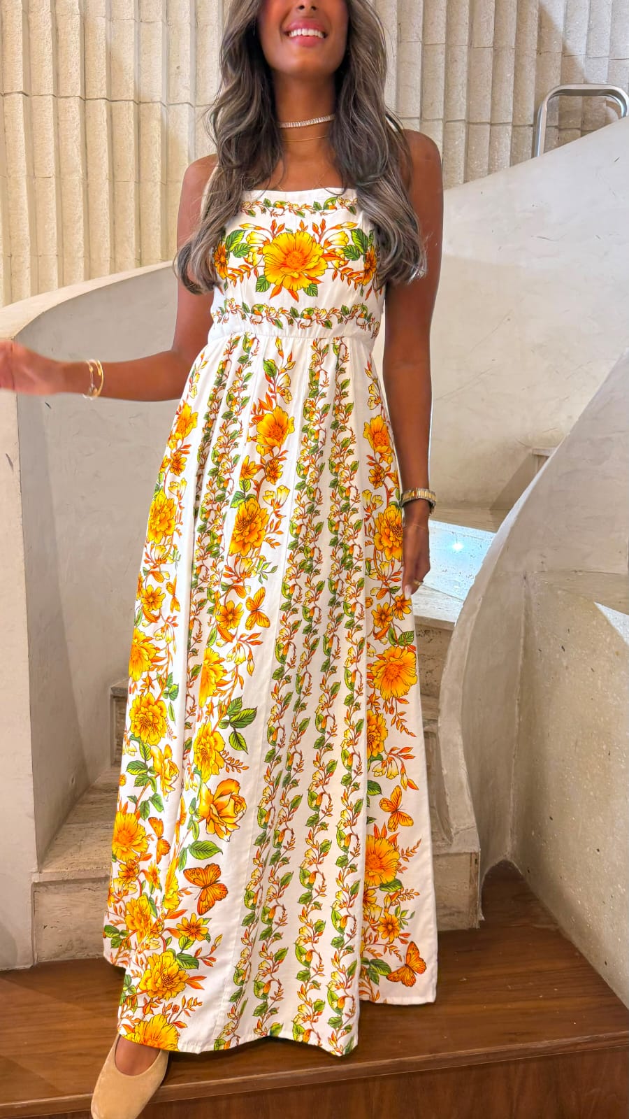 Vergara Straight Neckline Floral Print Dress