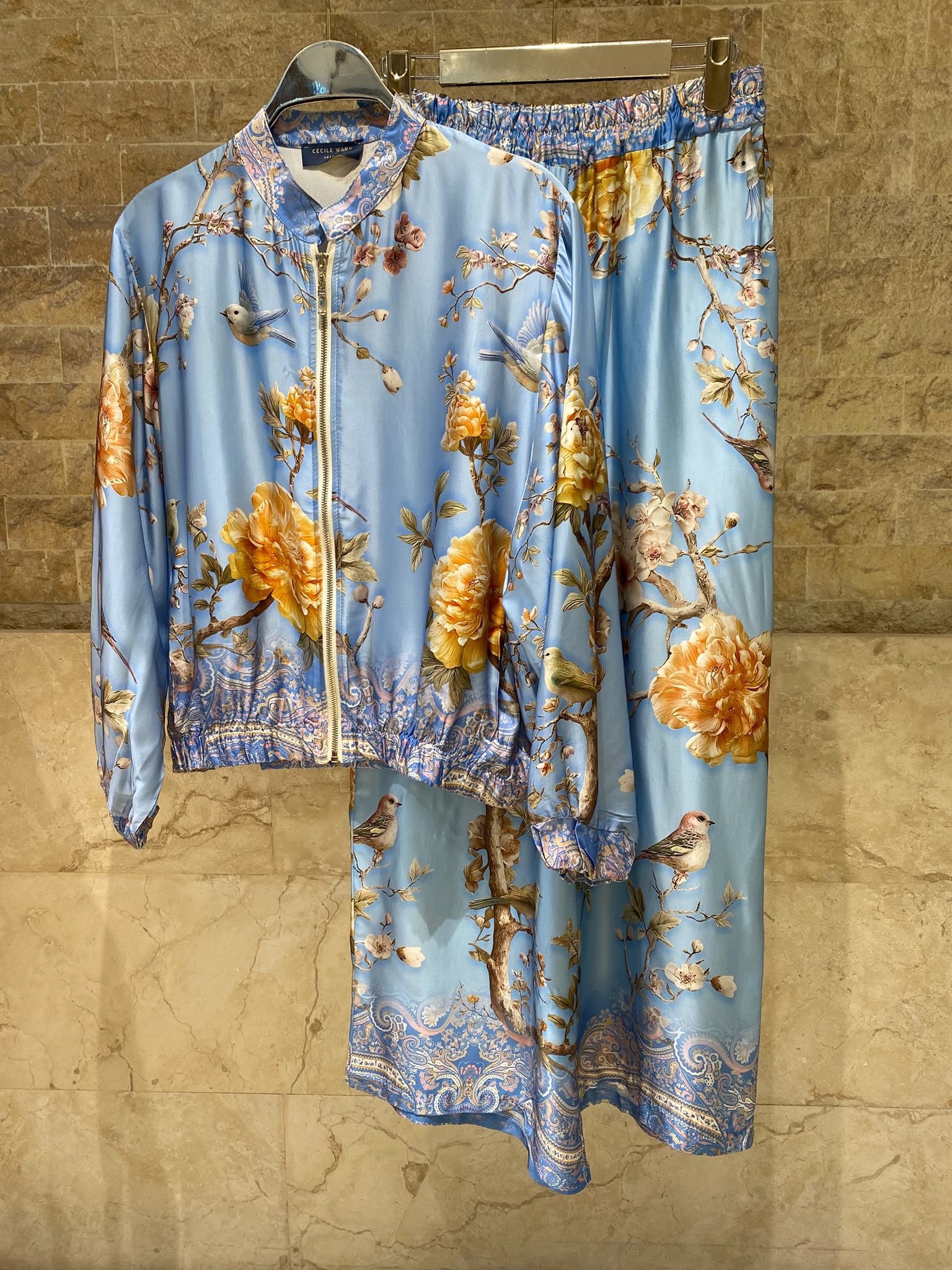 Floral and Bird Printed Satin Bomber Jacket and Pants Set KD8772/6637VS-11
