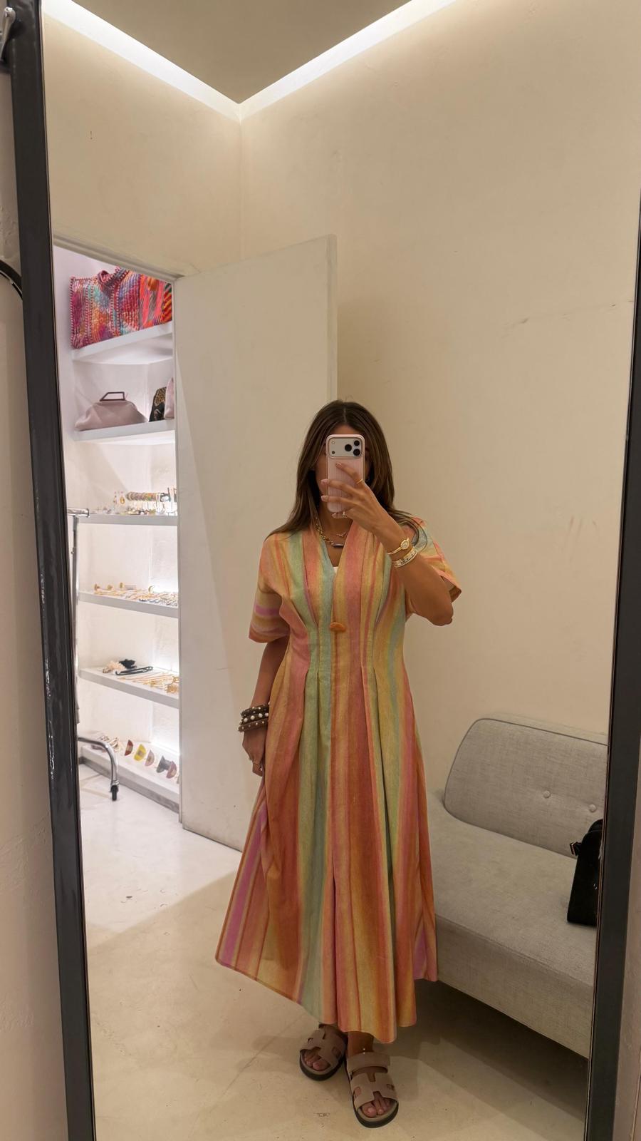 6218140 Multicolor Linen Blend Long Dress فستان طويل متعدد الألوان من مزيج الكتان - Brown Loft