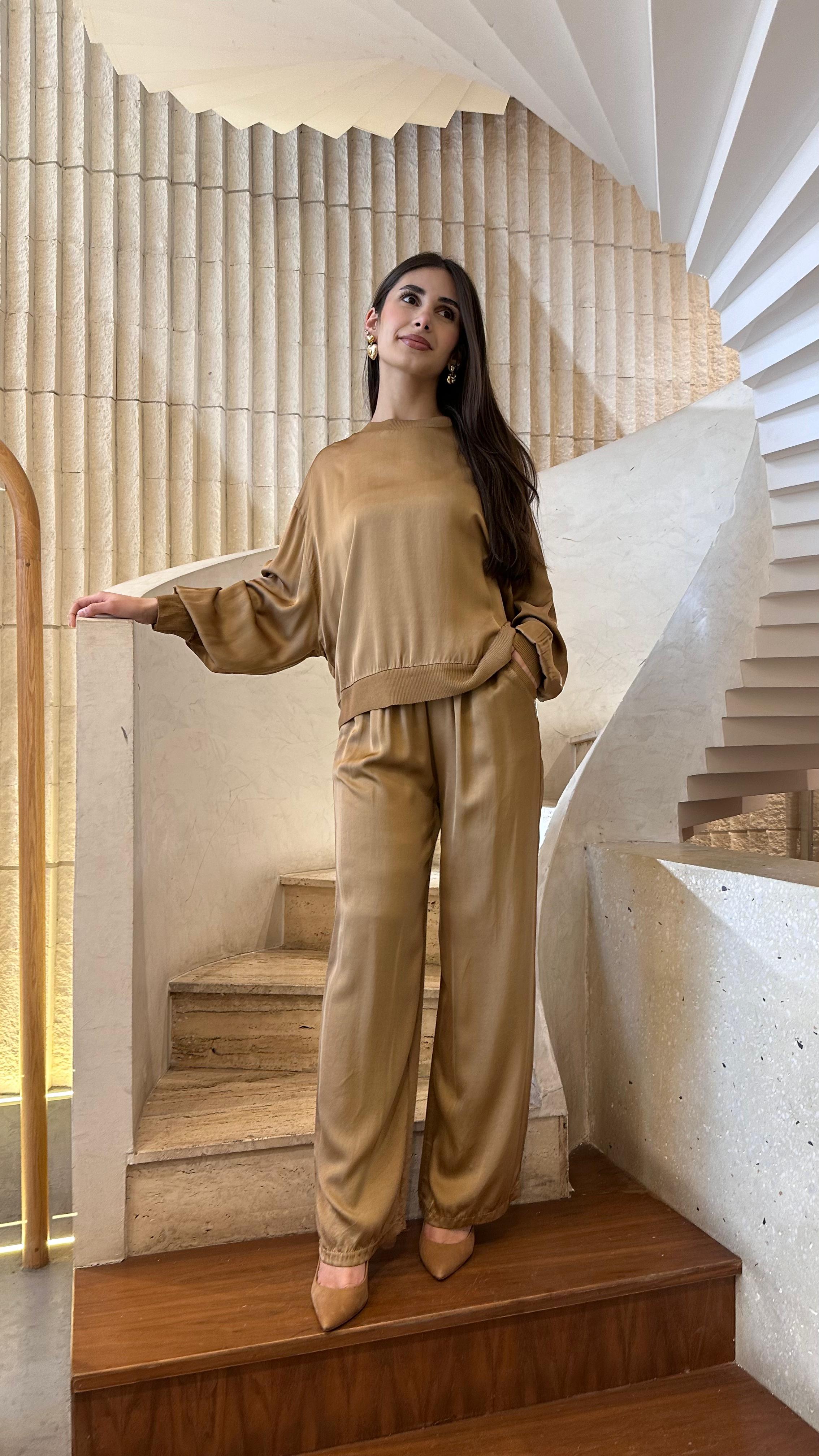 DB14570VS Wide Leg Satin Pants بنطلون ساتان واسع الساق - Brown Loft