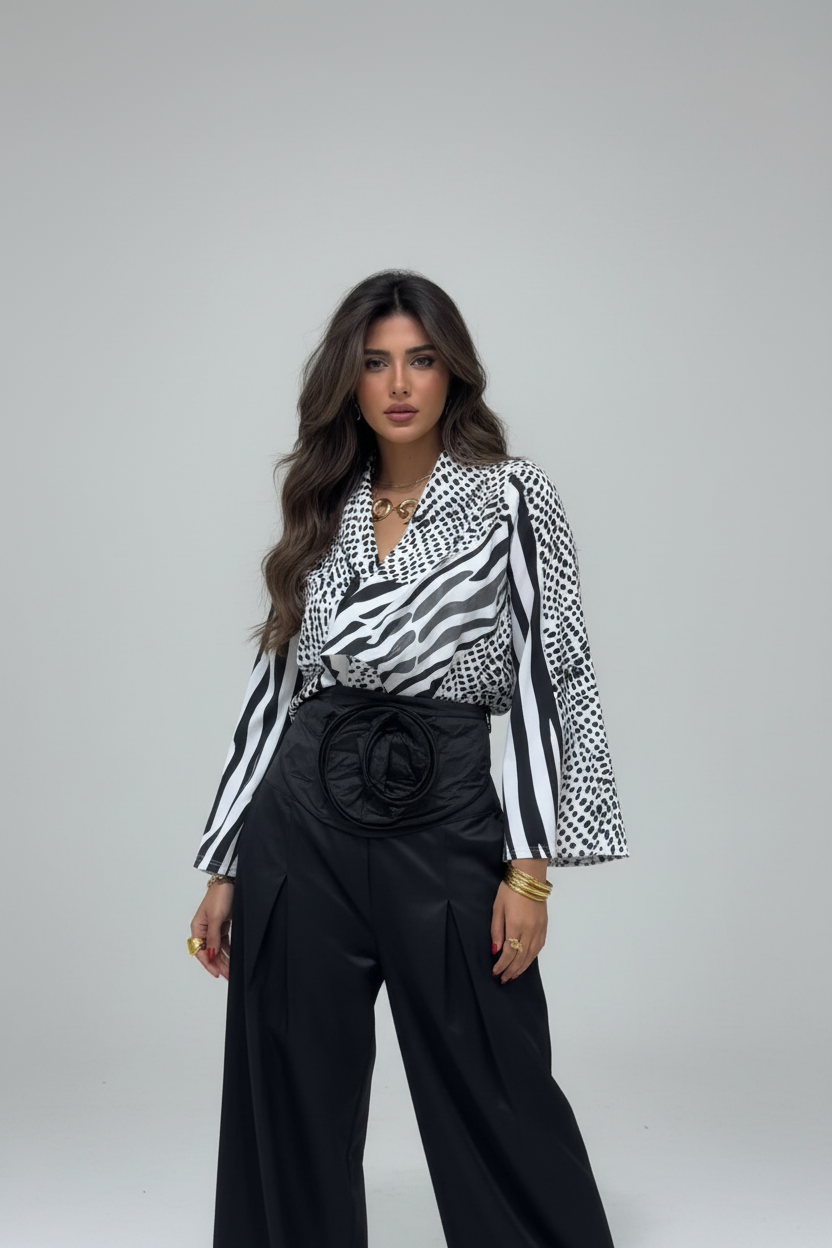 26SS-BK8614 Pleated Pants with oversized floral belt