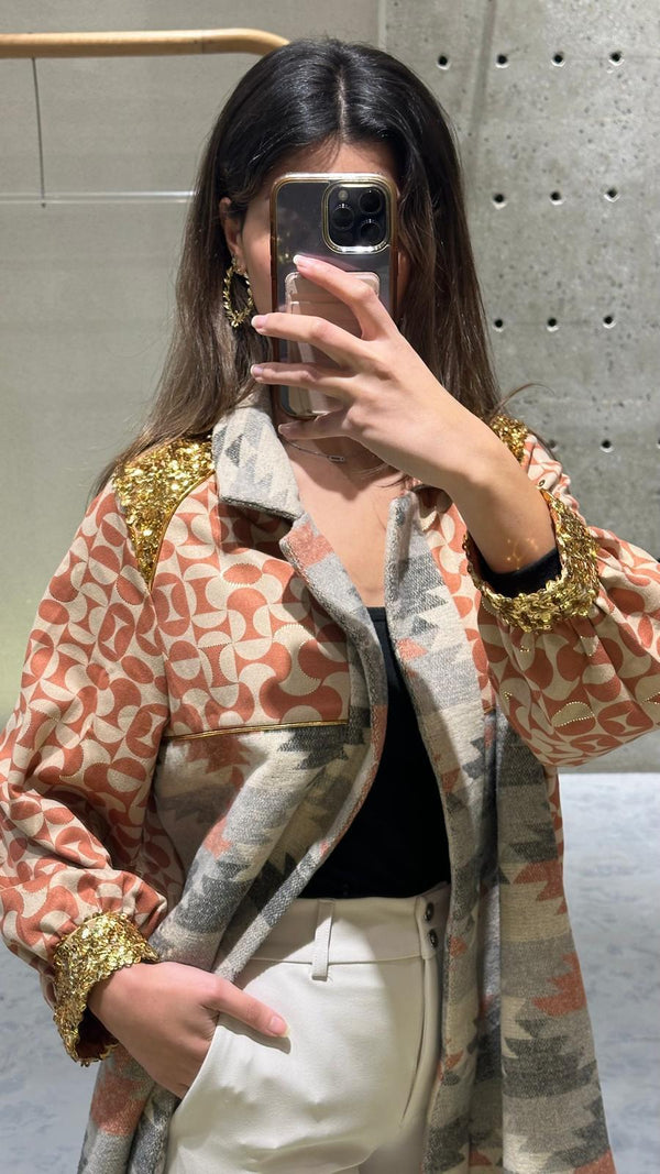 Bi-Material Ethnic Print Kaftan