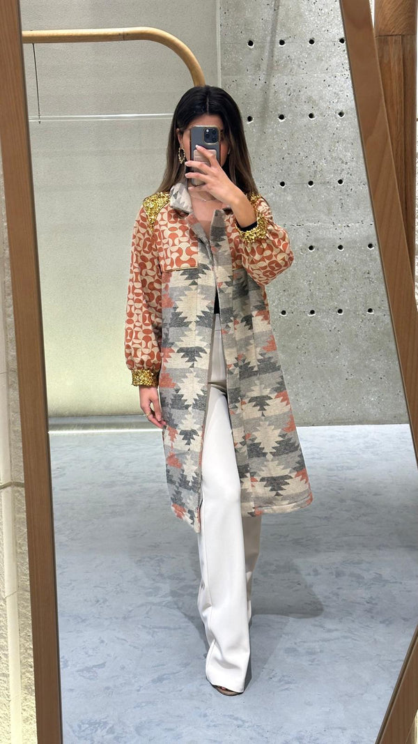 Bi-Material Ethnic Print Kaftan