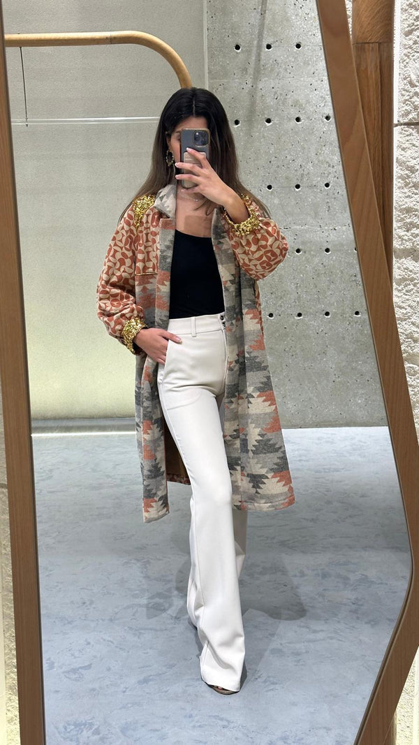 Bi-Material Ethnic Print Kaftan
