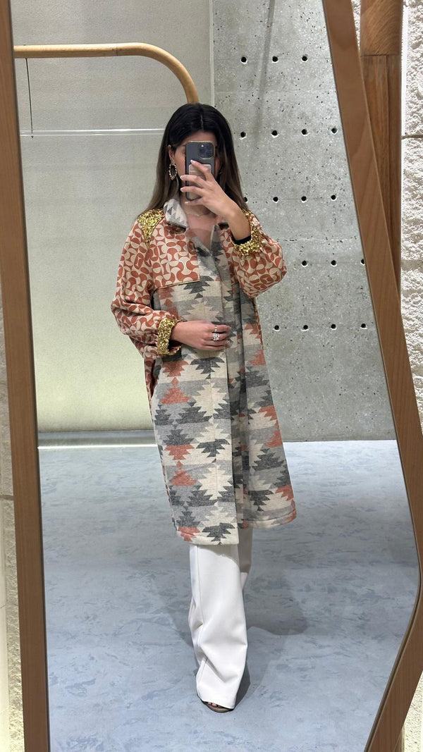 Bi-Material Ethnic Print Kaftan