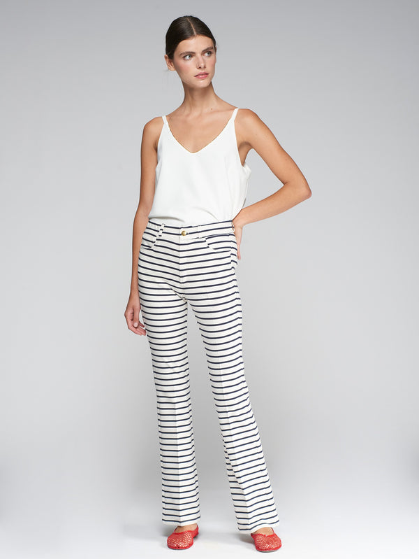 Navy Striped Flared Knit Pants