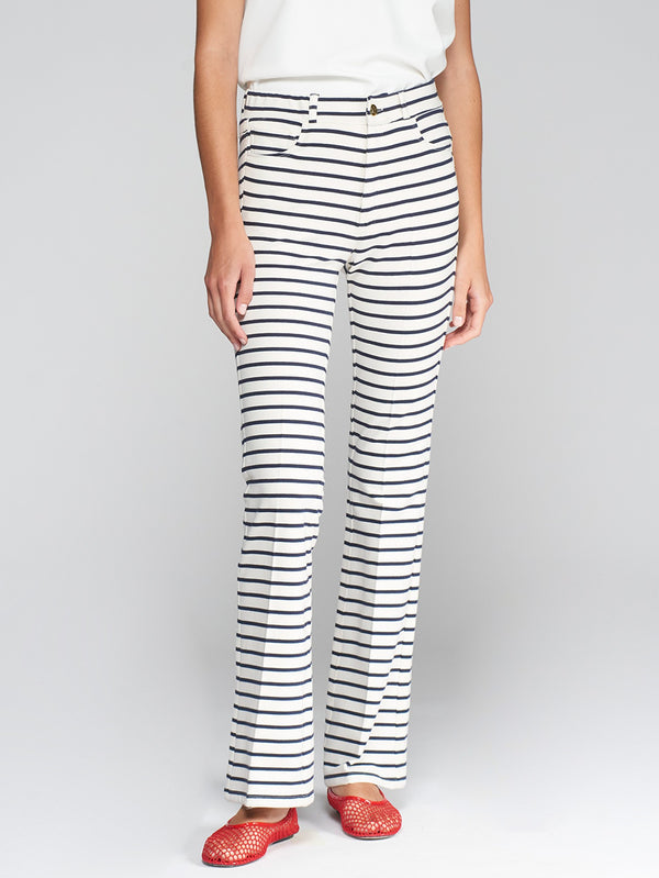 Navy Striped Flared Knit Pants