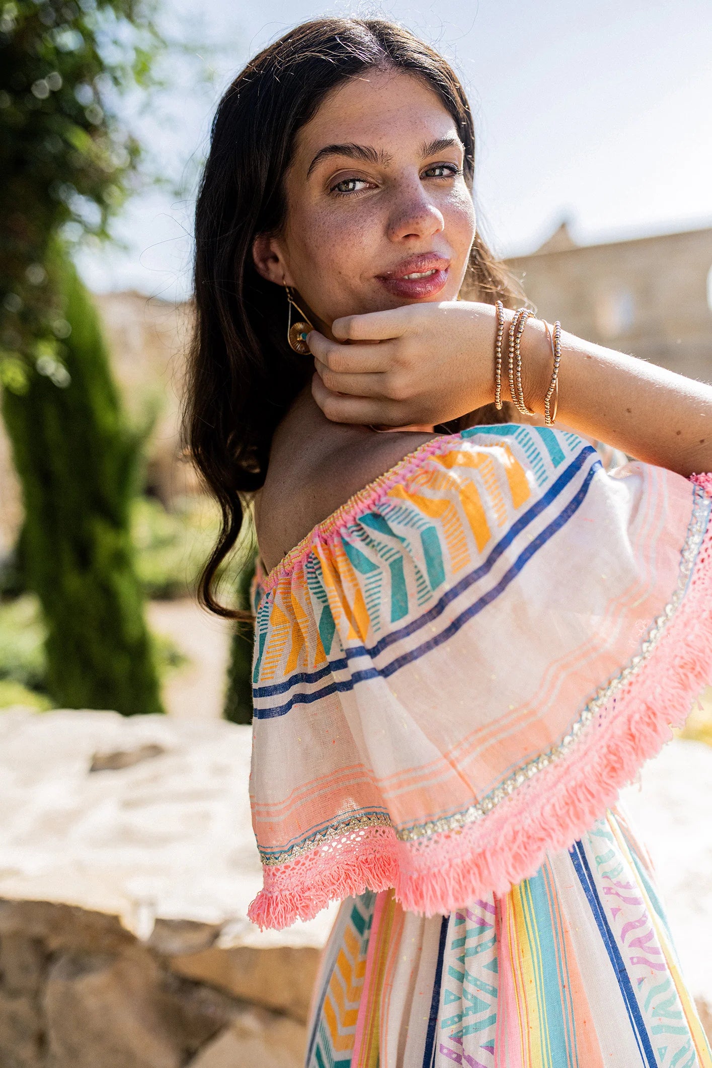 I208 Off Shoulder Bohemian Maxi Dress - Brown Loft