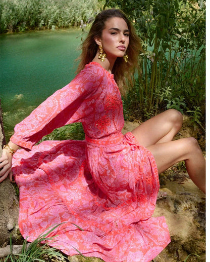 I331 Neon Embroidered Sequins Tree Printed Maxi Tiered Dress - Brown Loft