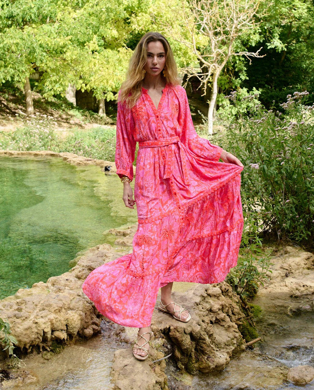 I331 Neon Embroidered Sequins Tree Printed Maxi Tiered Dress - Brown Loft