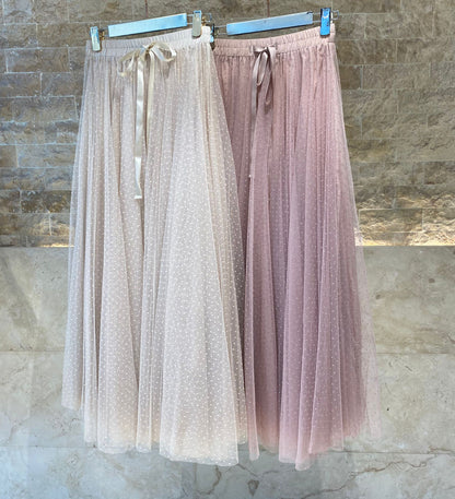 08077-3 Polka Dot Long Tulle Skirt تنورة طويلة من التول بنقاط البولكا - Brown Loft