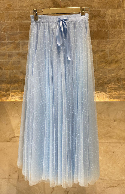 08077-3 White Dot Long Tulle Skirt تنورة تول طويلة