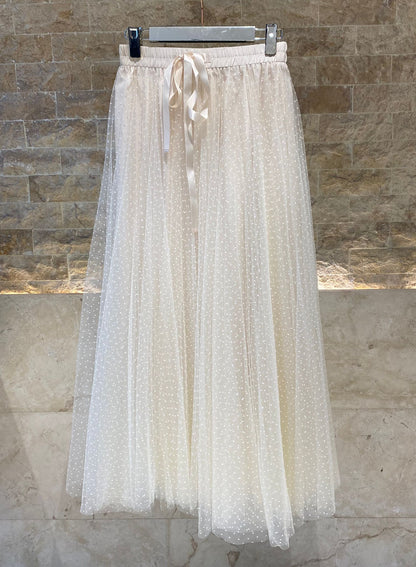 08077-3 White Dot Long Tulle Skirt تنورة تول طويلة