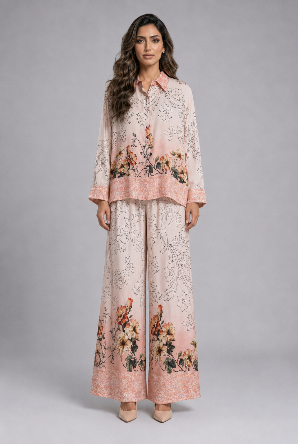 Floral Print Satin Shirt and Pants Sets KD8658/7789VS