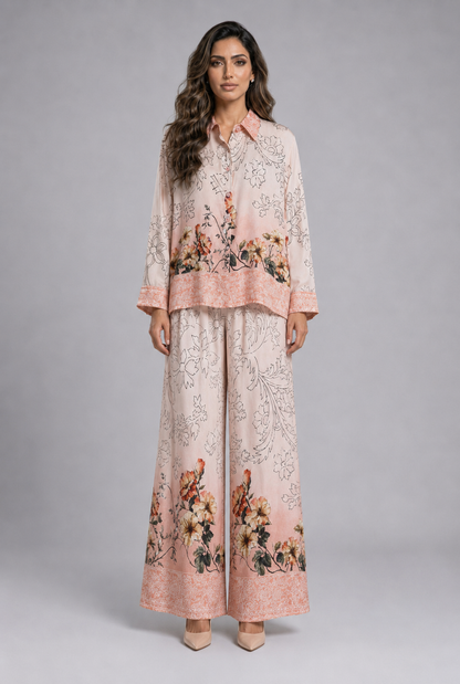 Floral Print Satin Shirt and Pants Sets KD8658/7789VS