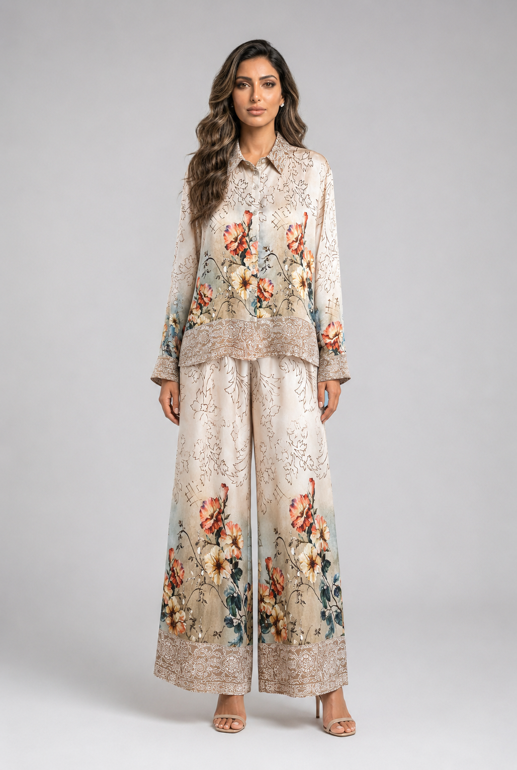 Floral Print Satin Shirt and Pants Sets KD8658/7789VS