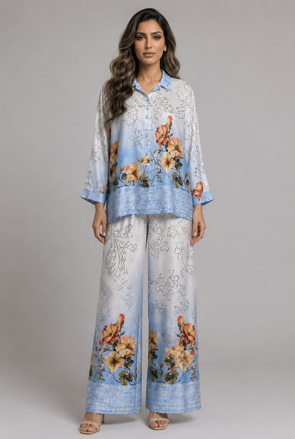 Floral Print Satin Shirt and Pants Sets KD8658/7789VS