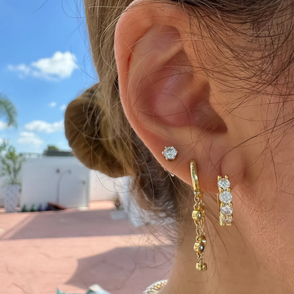 Moissanite Hoop Earrings - Huggie Design in Gold Plated Silver - Brown Loft