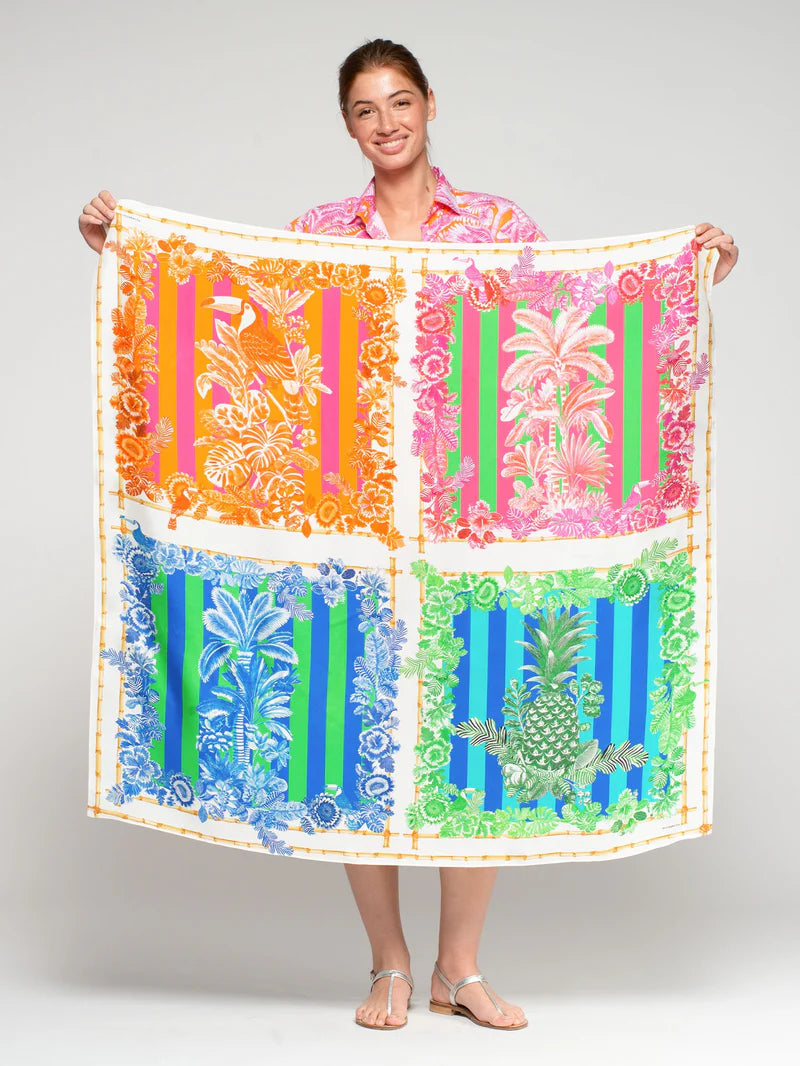 33631 Foulard Silk Twill Scarf in Tropical Botanical Print - Brown Loft