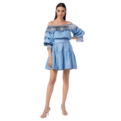 JPE22AB025 Off Shoulder Ruffled Midi Dress قبالة الكتف تكدرت فستان ميدي