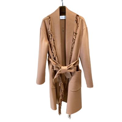 C0150003 Fringe Long Belted Wool Coat هامش معطف طويل من الصوف بحزام