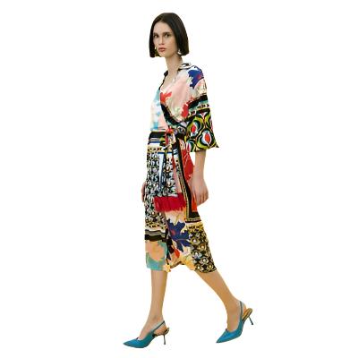 33-3347 (Patterned Wrap Satin Dress) منقوشة التفاف فستان الساتان