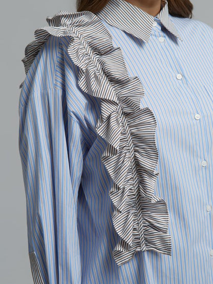 Asymmetric Ruffle Striped Shirt 8601.3018