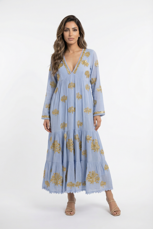 AWD-121  فستان طويل مطرز بالترتر الذهبي