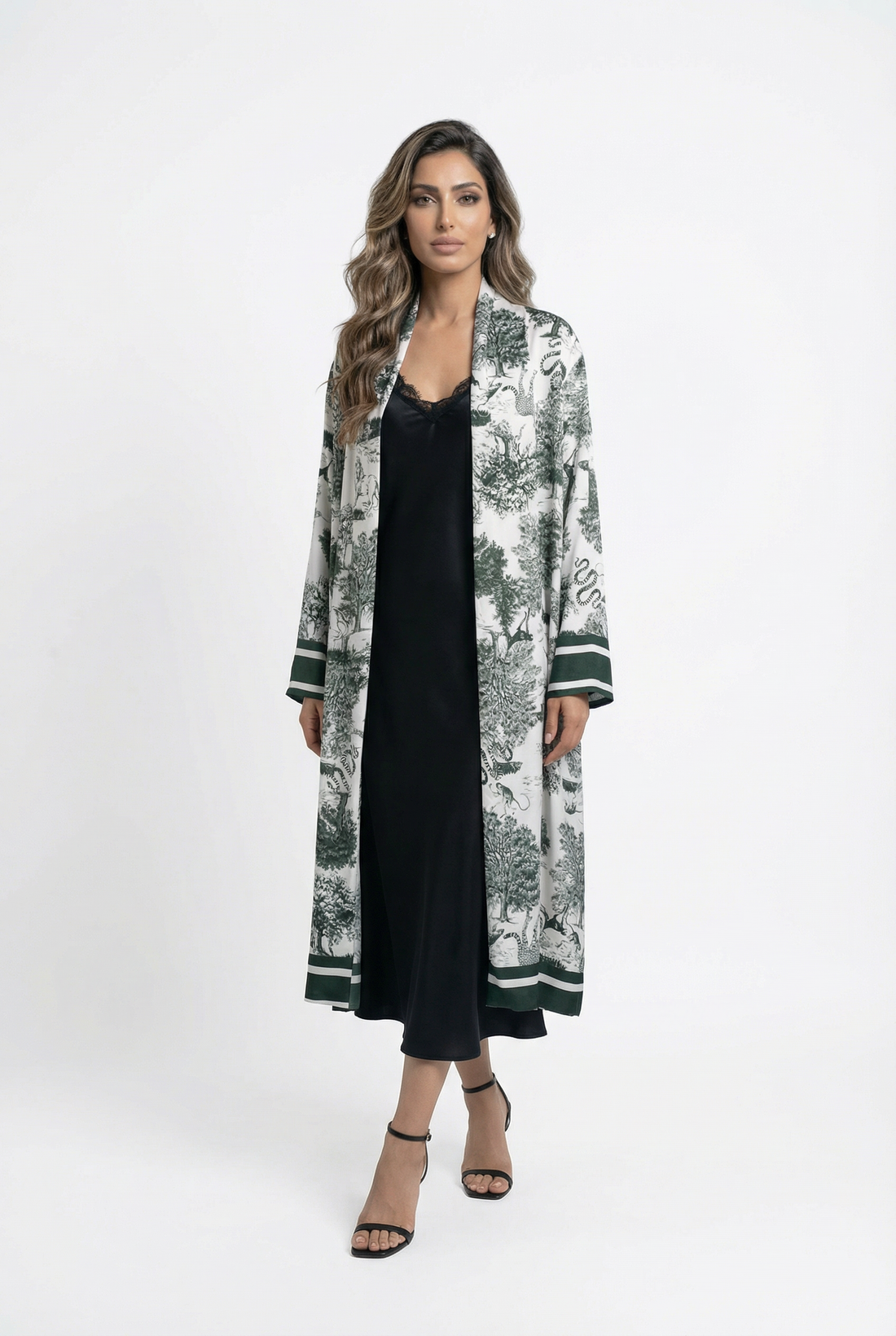 KD7182TN Safari Print Satin Long Cardigan - Brown Loft