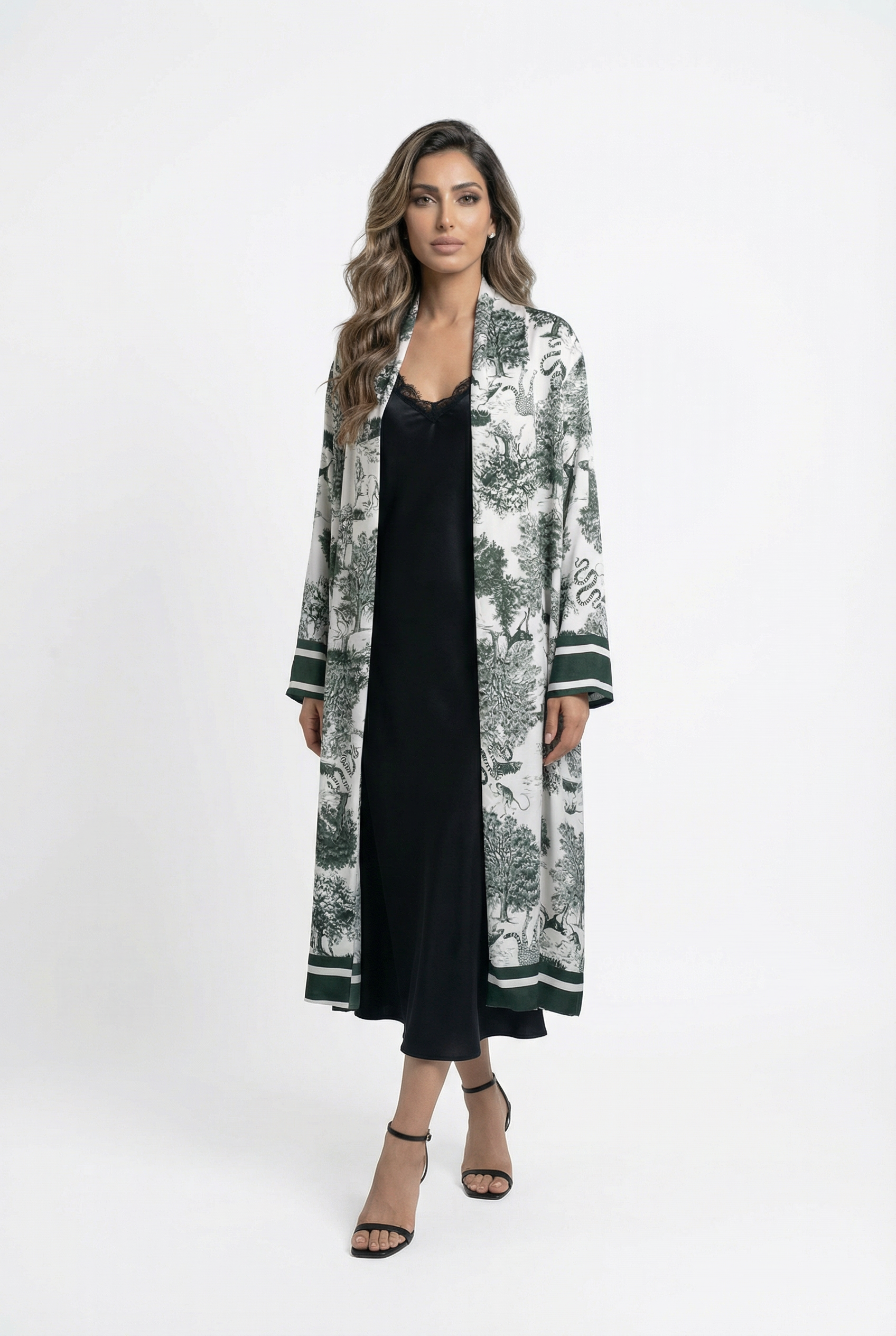 KD7182TN Safari Print Satin Long Cardigan - Brown Loft