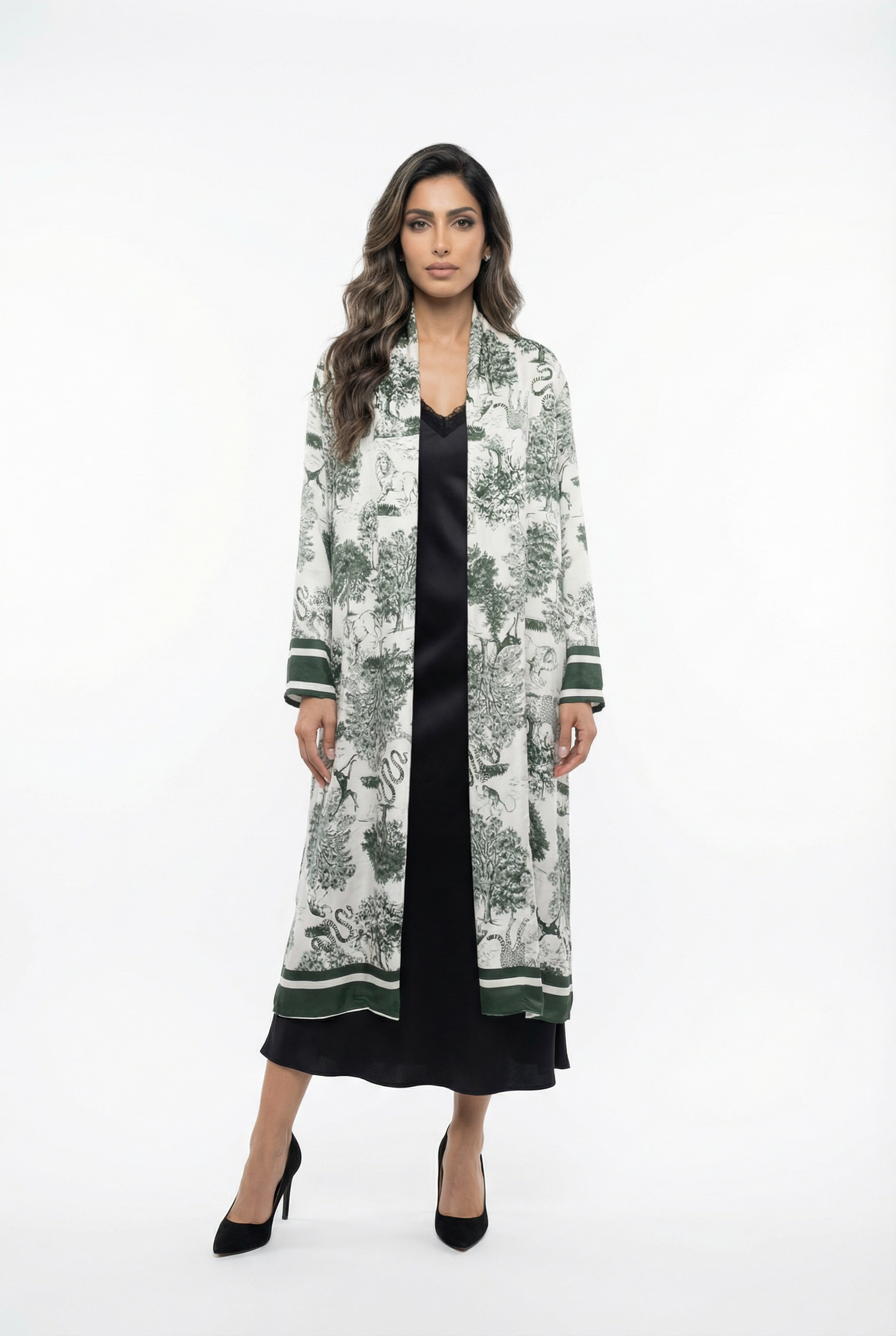 KD7182TN Safari Print Satin Long Cardigan - Brown Loft