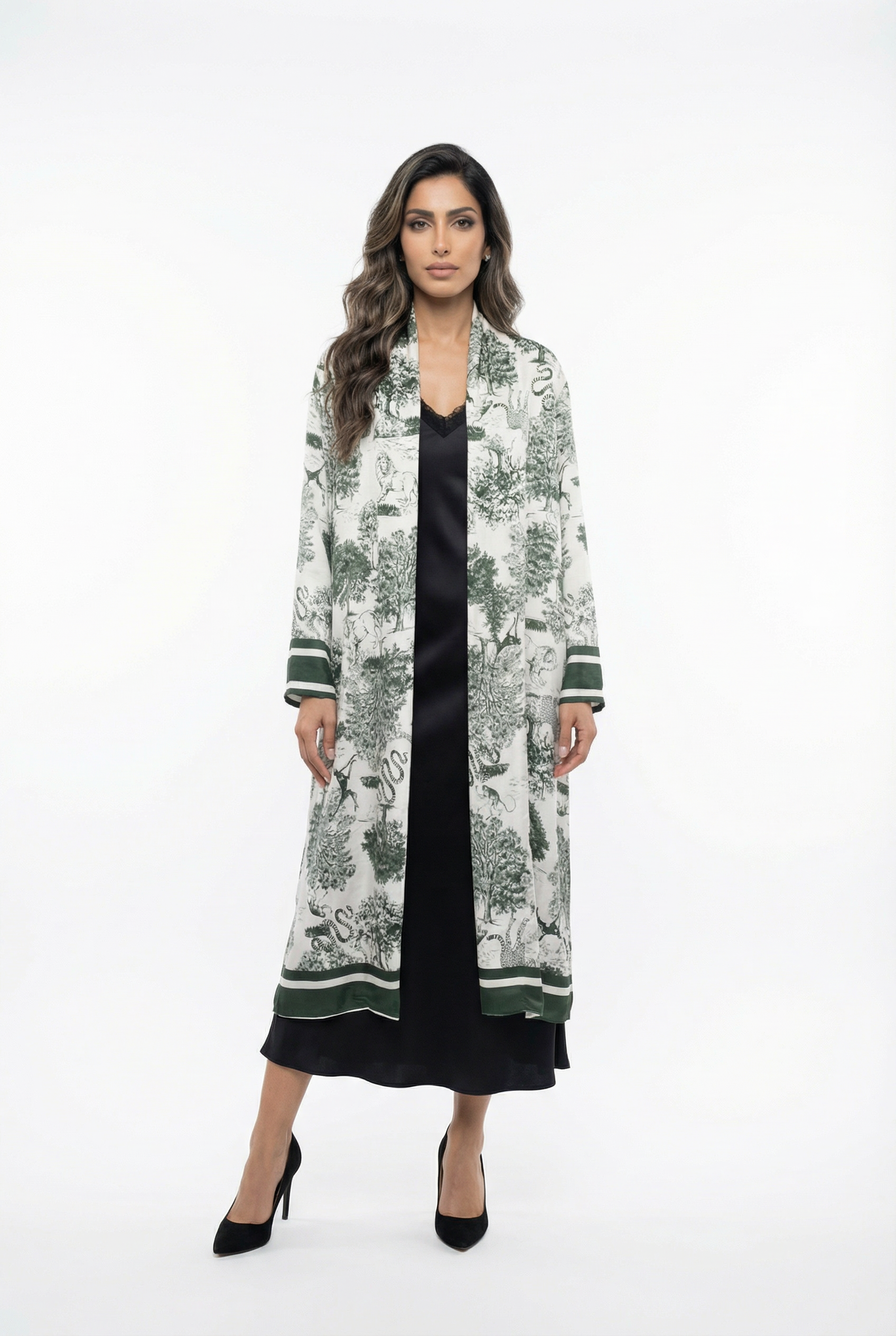 KD7182TN Safari Print Satin Long Cardigan - Brown Loft