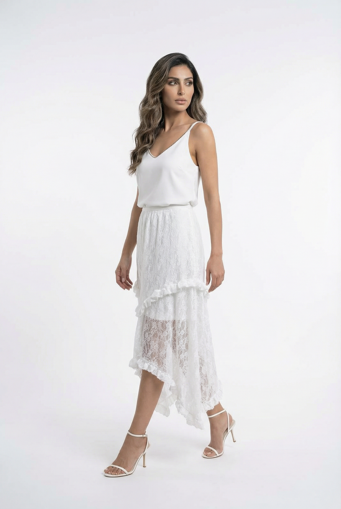 COBCS6013 Lace Asymmetrical Layered Maxi Skirt