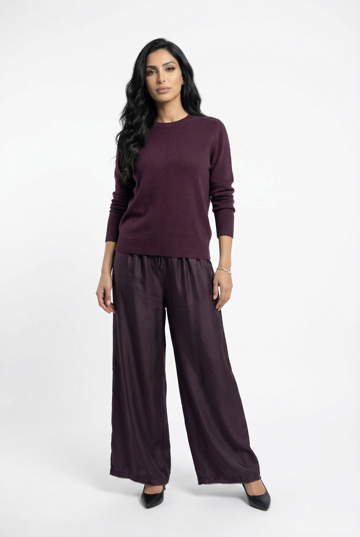 MJ33123 High Waist Wide Leg Satin Pants - Brown Loft