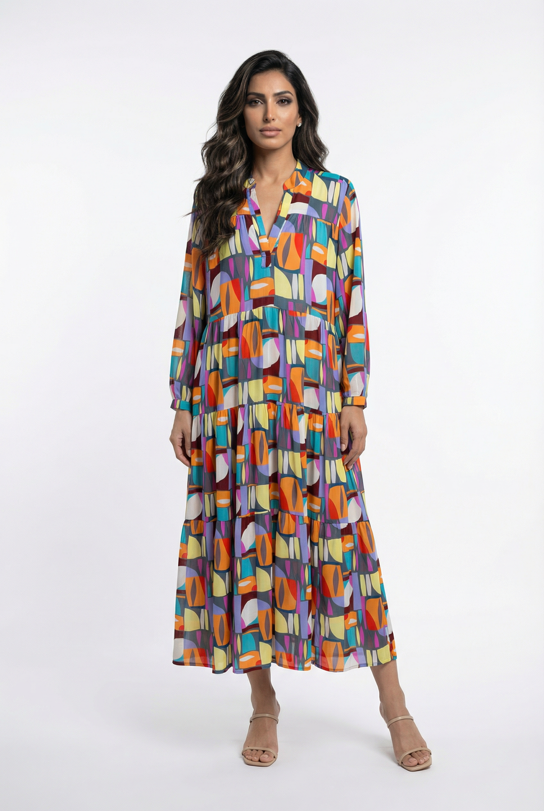 64492 Geometric Multicolor V-Neck Long Tiered Dress - Brown Loft