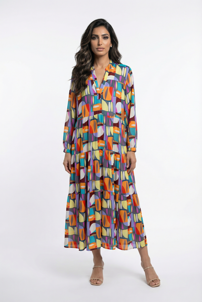 64492 Geometric Multicolor V-Neck Long Tiered Dress - Brown Loft