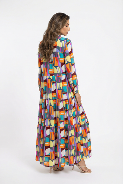 64492 Geometric Multicolor V-Neck Long Tiered Dress - Brown Loft