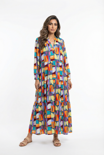 64492 Geometric Multicolor V-Neck Long Tiered Dress - Brown Loft