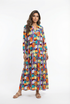 64492 Geometric Multicolor V-Neck Long Tiered Dress - Brown Loft