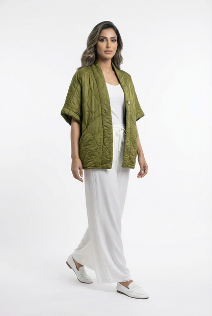 KD8018VS-4 Single Buttoned Quilted Matelasse Satin Cardigan - Brown Loft