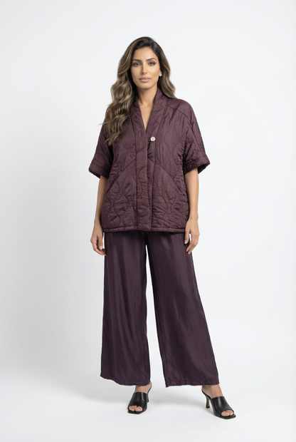 KD8018VS-4 Single Buttoned Quilted Matelasse Satin Cardigan - Brown Loft