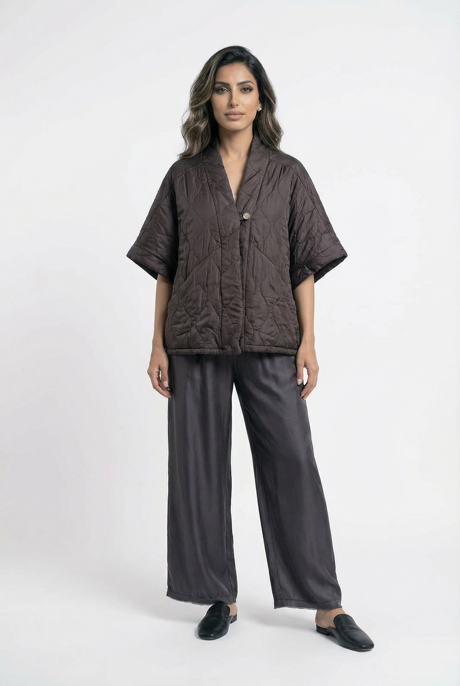 KD8018VS-4 Single Buttoned Quilted Matelasse Satin Cardigan - Brown Loft