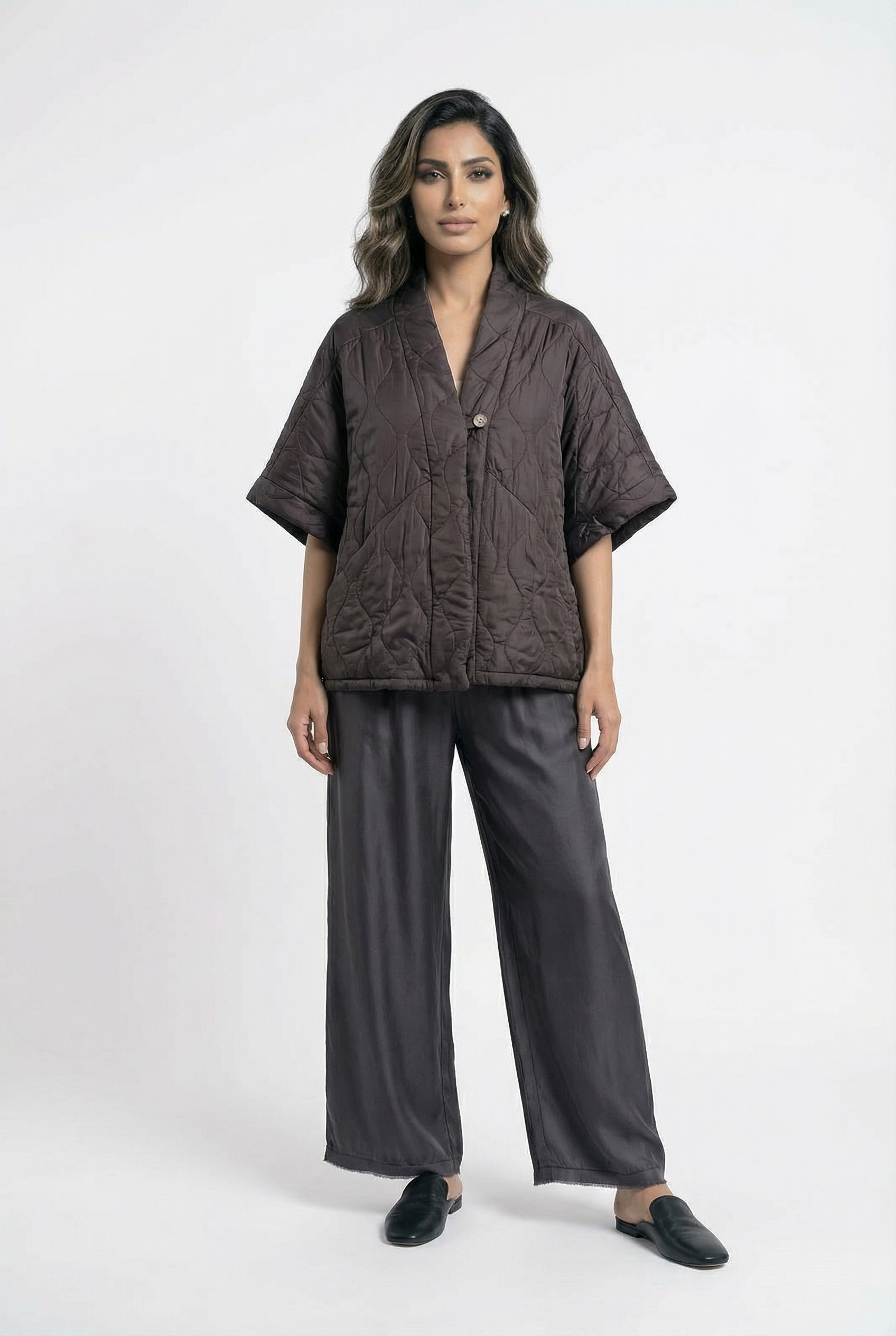 KD8018VS-4 Single Buttoned Quilted Matelasse Satin Cardigan - Brown Loft