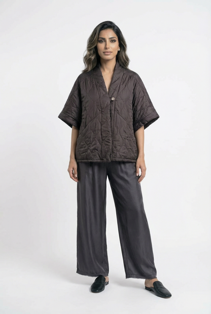 KD8018VS-4 Single Buttoned Quilted Matelasse Satin Cardigan - Brown Loft
