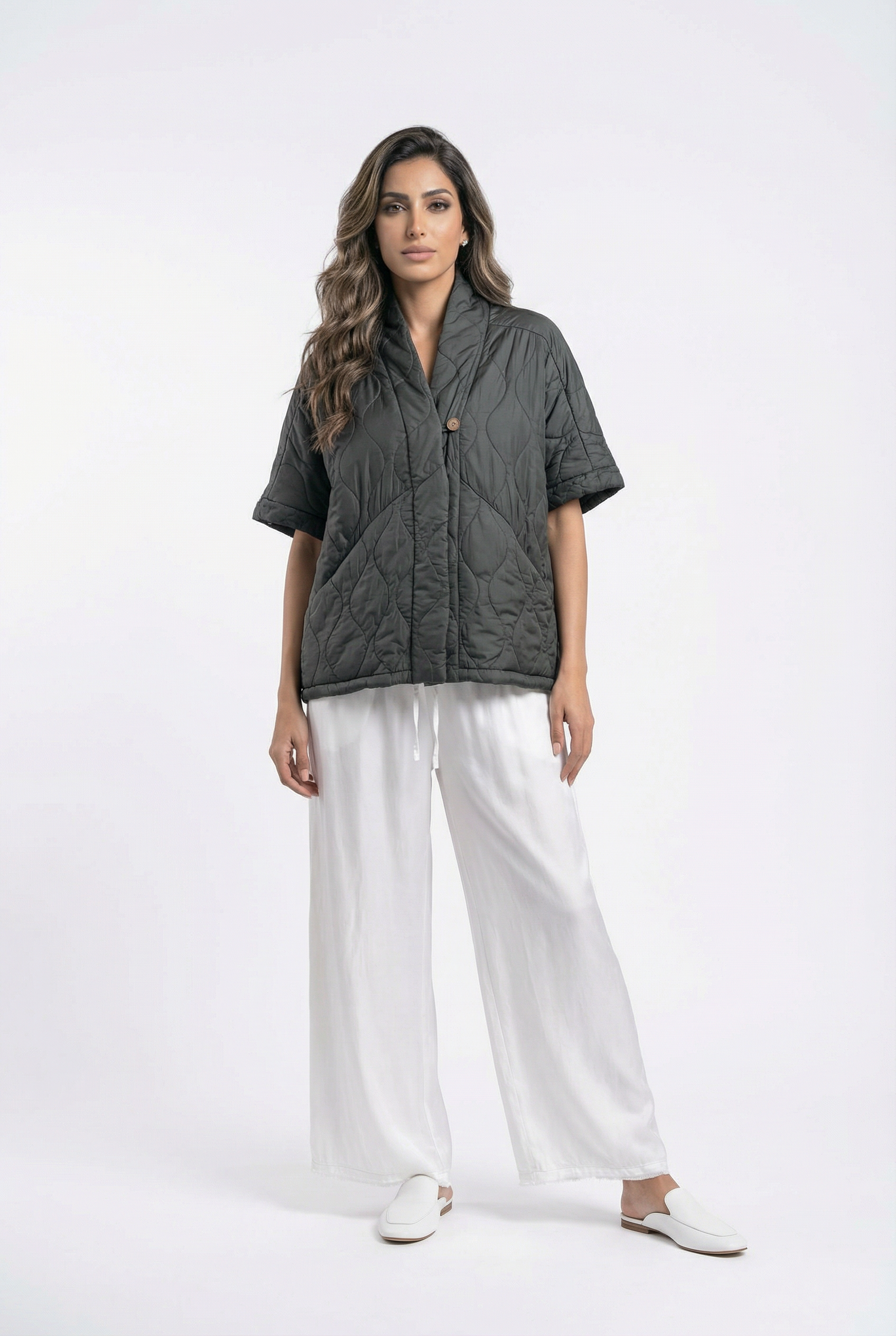 KD8018VS-4 Single Buttoned Quilted Matelasse Satin Cardigan - Brown Loft