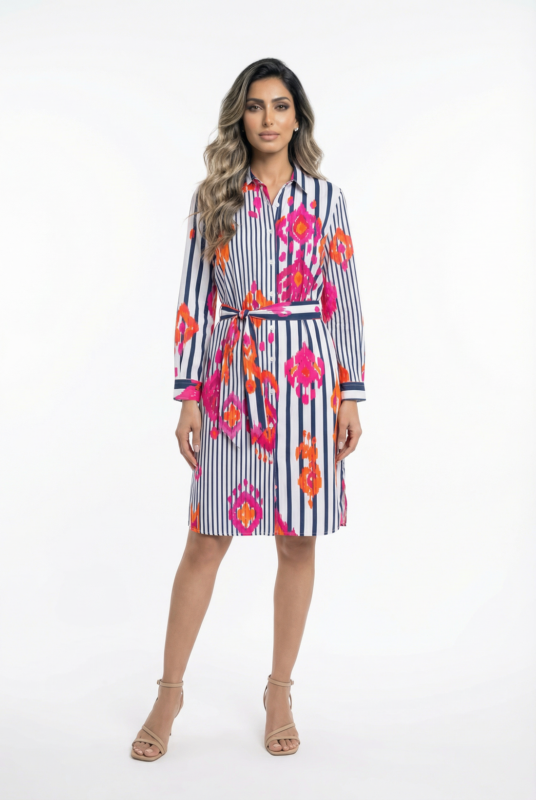 32292 Cotton Striped Knee-Length Dress with Ikat Print - Brown Loft