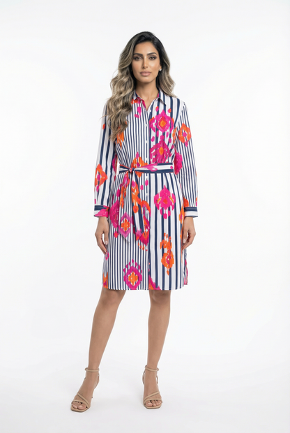 32292 Cotton Striped Knee-Length Dress with Ikat Print - Brown Loft